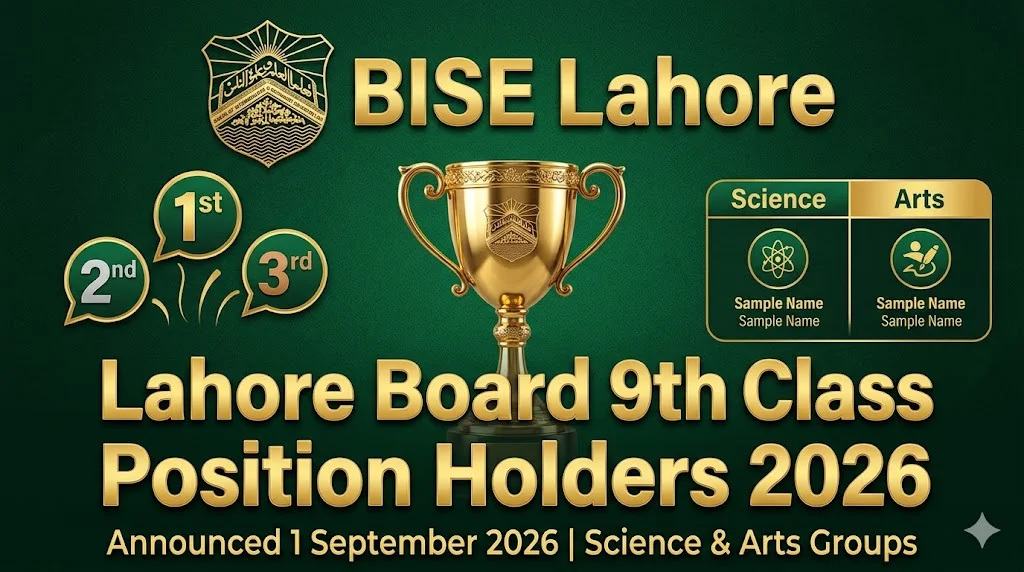 BISE Lahore 9th class position holders 2026 toppers list science arts group