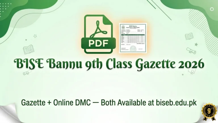 BISE Bannu 9th class gazette 2026 download PDF online DMC biseb.edu.pk result by name
