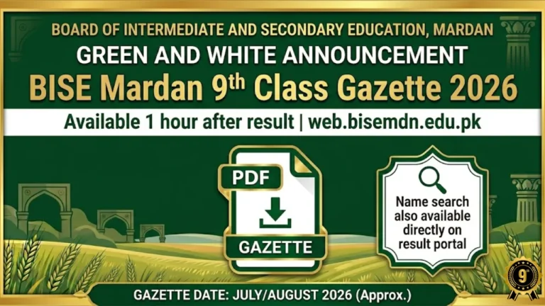 BISE Mardan 9th class gazette 2026 download PDF check result by name Mardan Swabi Nowshera