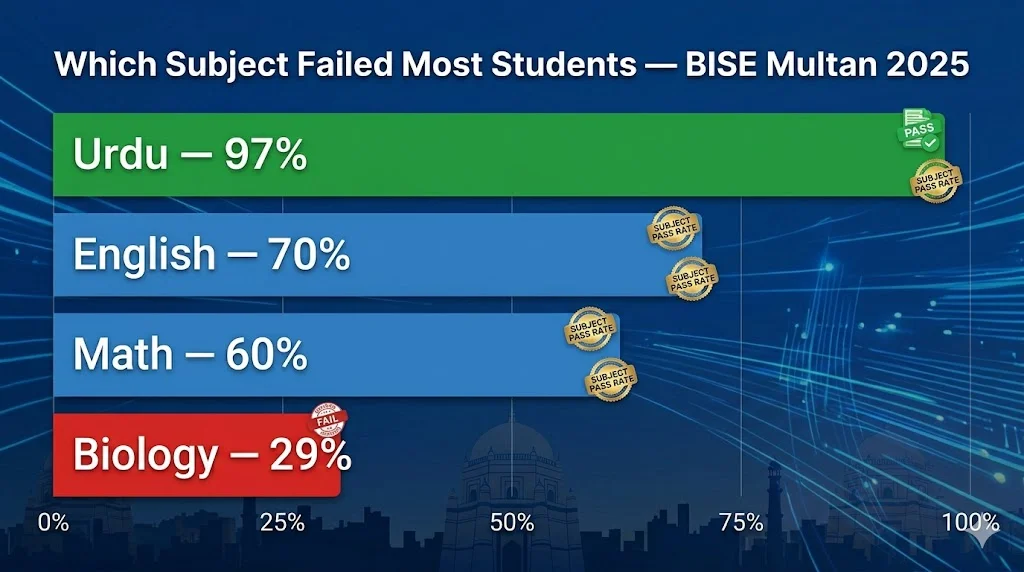 BISE Multan 9th class subject wise pass percentage 2025 Biology 29 percent Urdu 97 percent