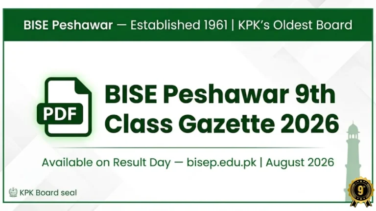 BISE Peshawar 9th class gazette 2026 download PDF check result by name August 2026