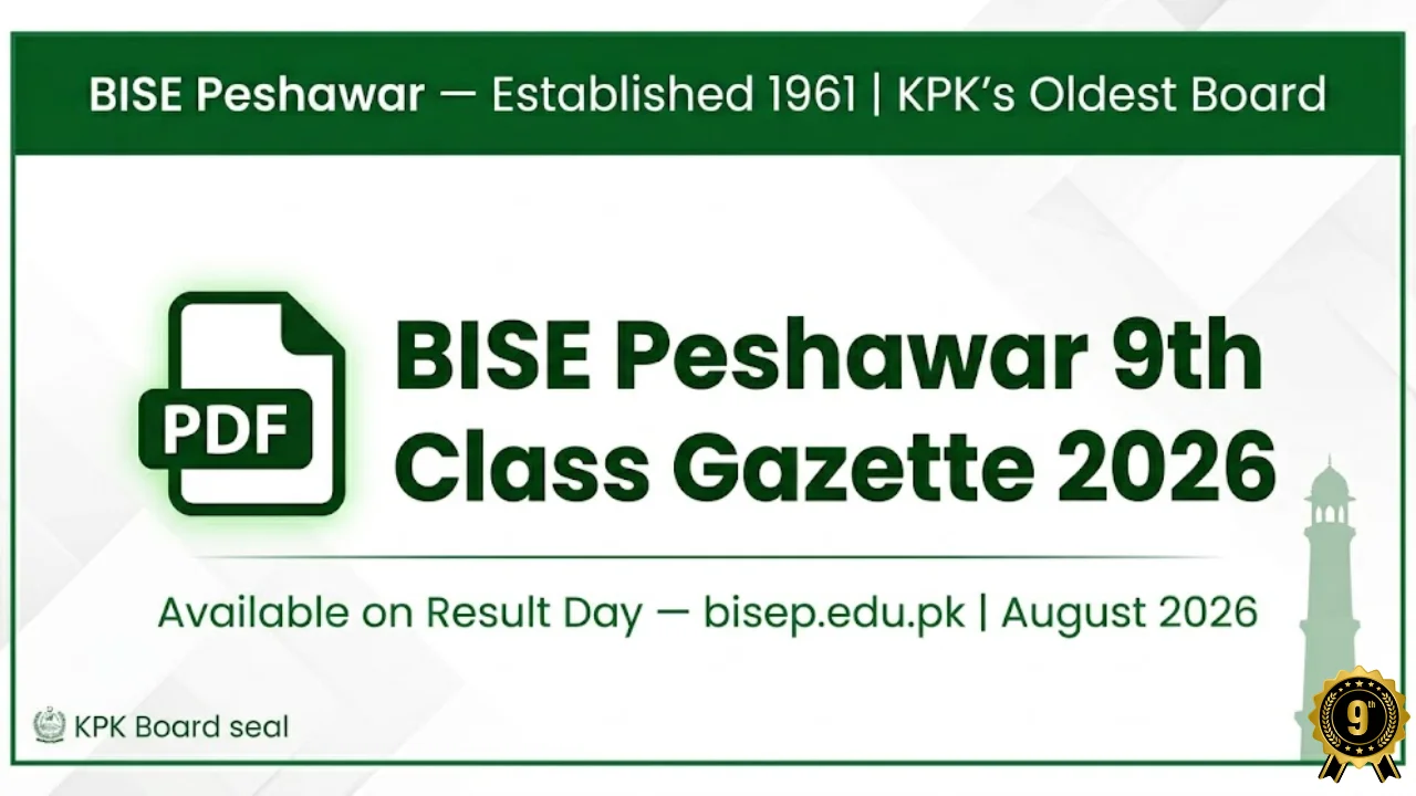 BISE Peshawar 9th class gazette 2026 download PDF check result by name August 2026
