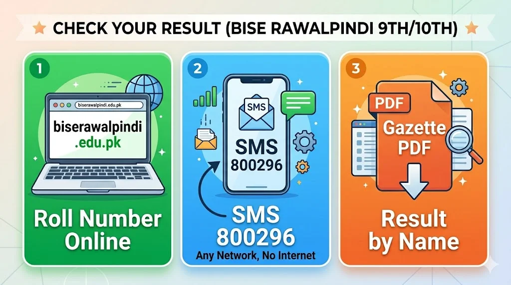 Three ways to check BISE Rawalpindi 9th class result 2026 roll number SMS 800296 gazette